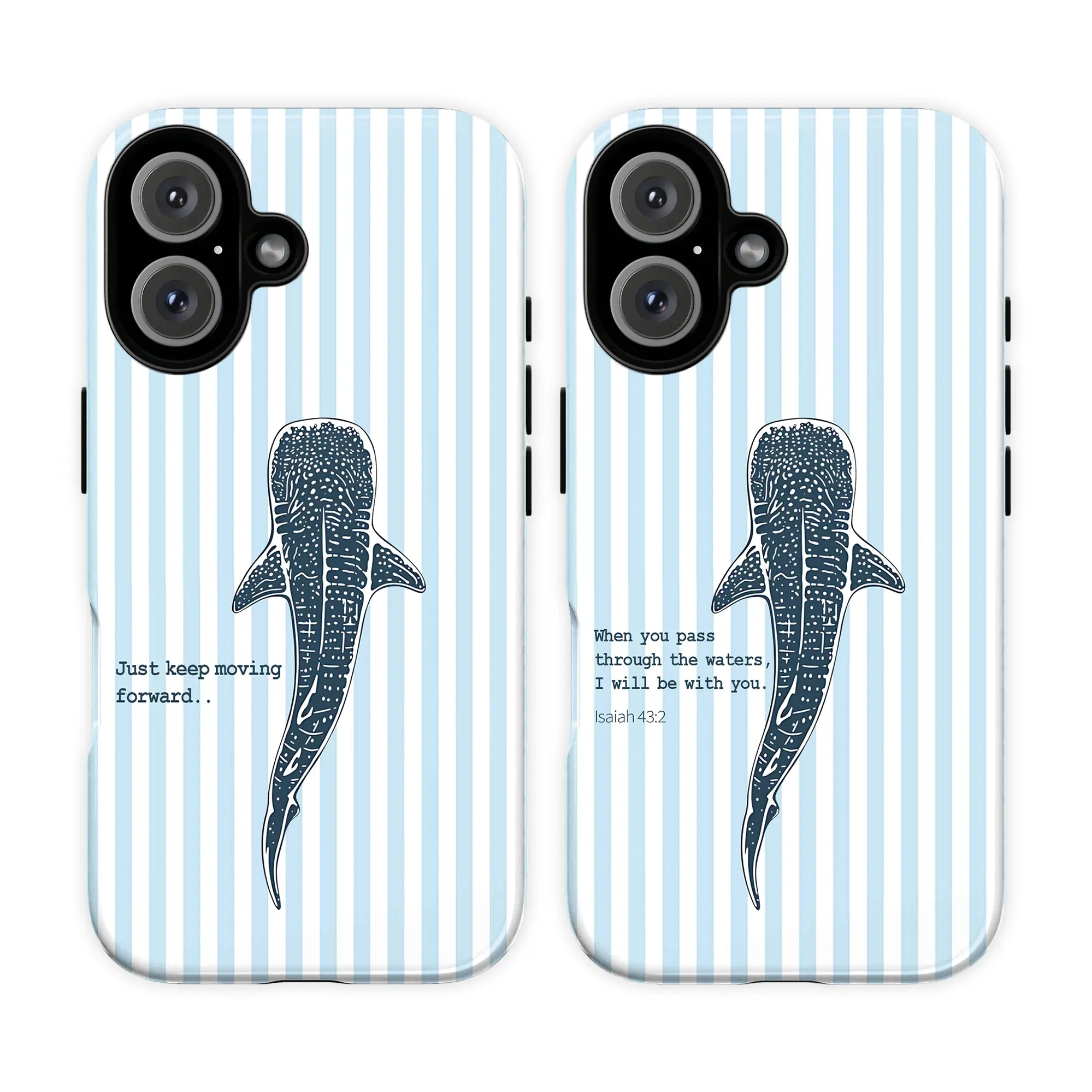 Couple Style Isaiah 43:2 Whale Shark Phone Case for Christian – Coastal Blue Stripe Ocean Aesthetic Phone Cover  – Durable Shockproof Cover for iPhone 7–17 (Plus, Pro, Pro Max) , Cute Ocean Vibe Blue Whale Shark Gift