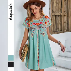 2025 Women Mexican Embroidered Dress Short Sleeve