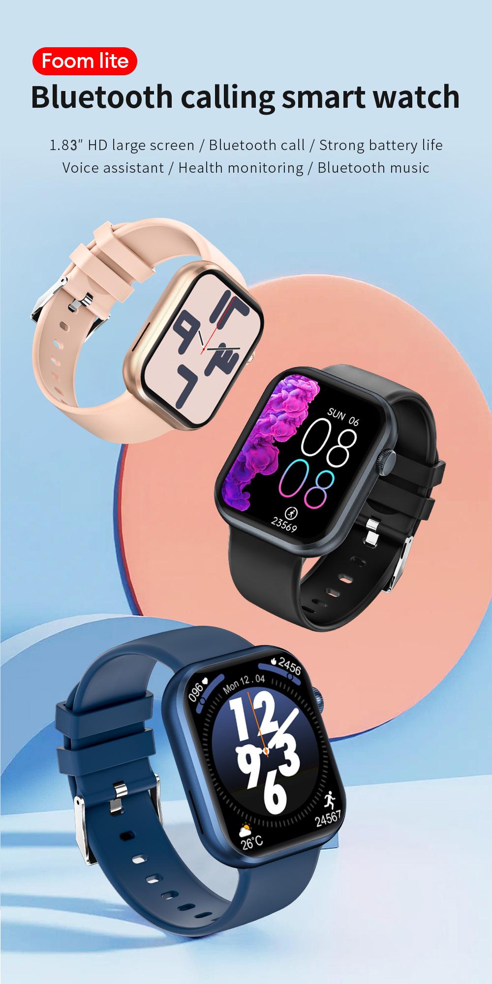 Aolon FOOM LITE Smartwatch with calculator function, IP68 waterproof, Bluetooth calling, unisex design, 1.83-inch wearable display, adjustable strap, compatible with iOS and Android.