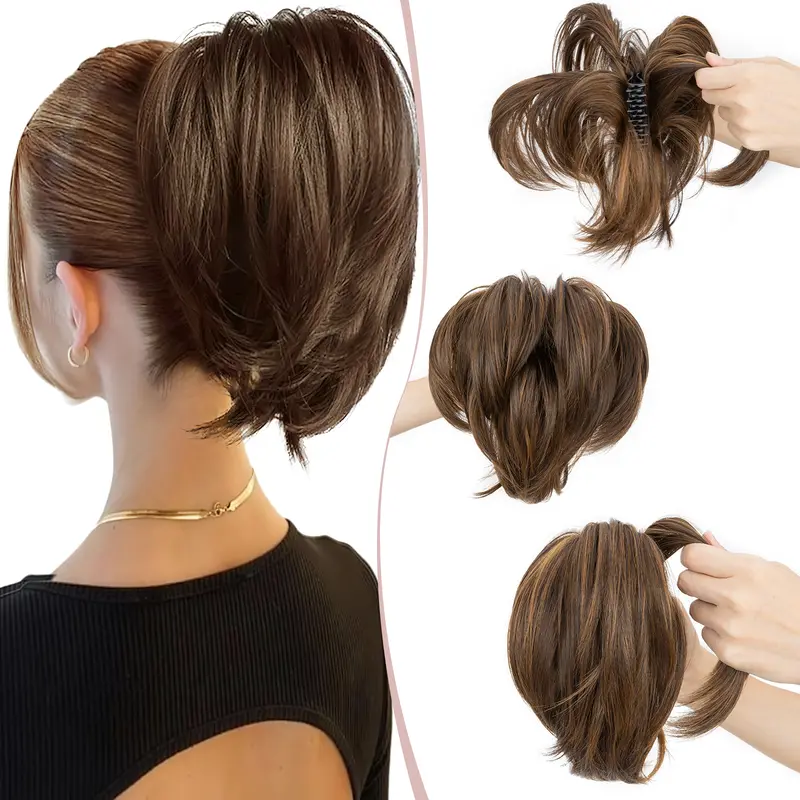 SEGOHAIR Claw Clip Short Ponytail Hair Extensions Messy Bun Hair Piece with Bendable Metal Wire Natural Fluffy Synthetic Straight Hairpiece