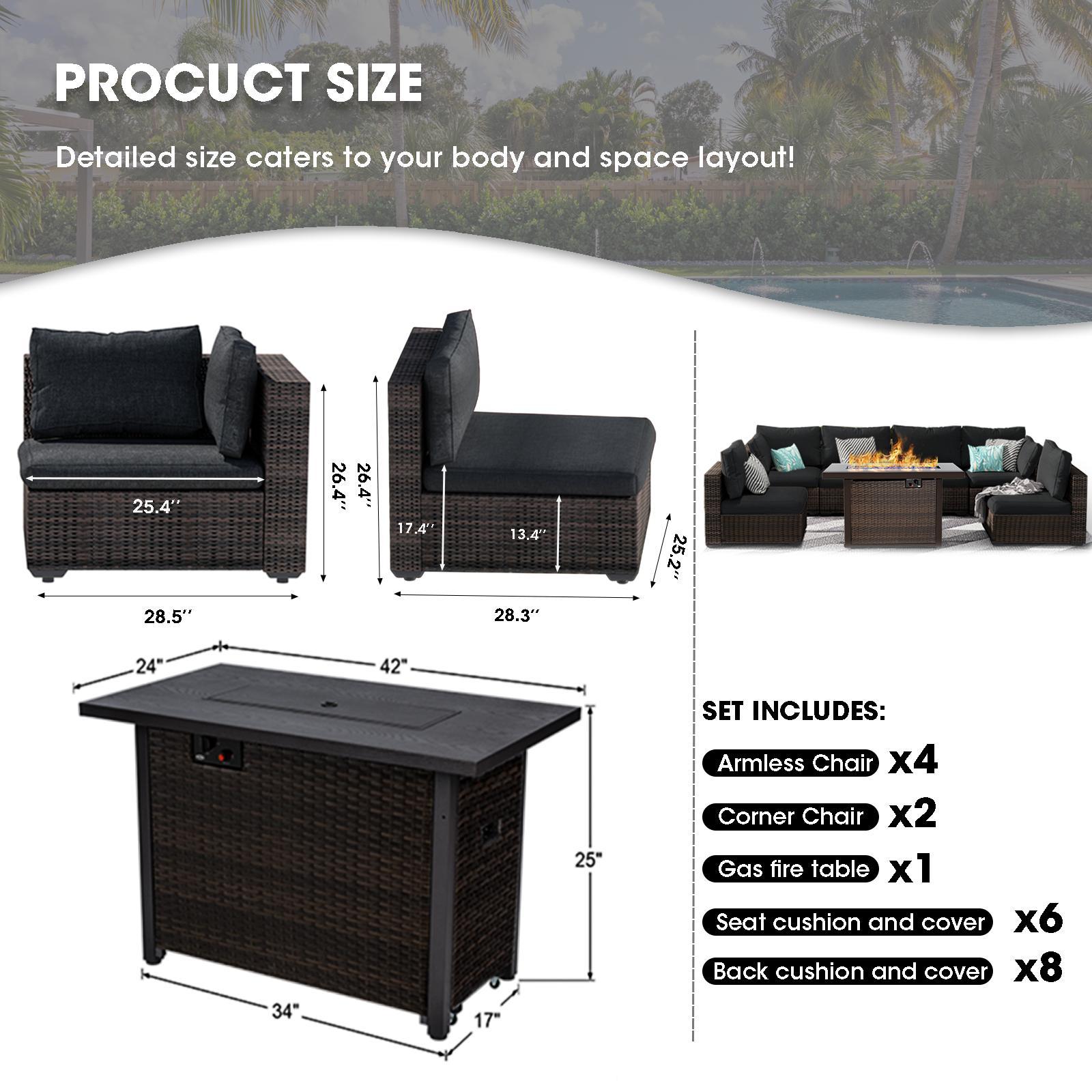 【3 packages shipping】7 Pieces Patio Furniture Set with 44" Fire Pit Table,Outdoor Sectional Sofa PE Rattan Conversation Sets for Garden Lawn Balcony