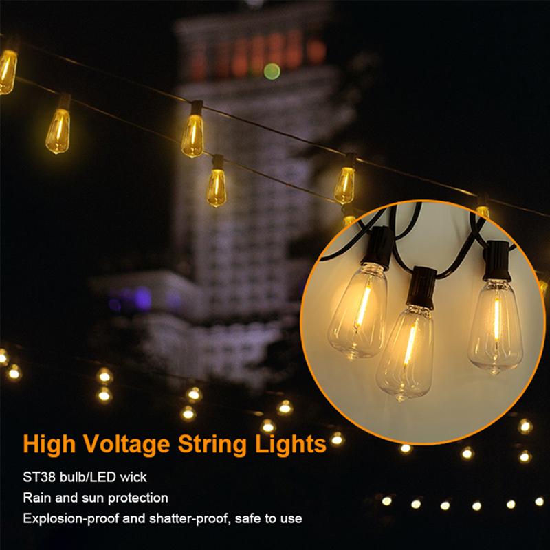 50FT Outdoor String Lights Plug-in with Remote 20 Shatterproof Edison Bulbs Includes 2 Spare Waterproof Patio Lights for Backyard Garden Porch Indoor Outdoor LED Fairy Lights with 4 Modes