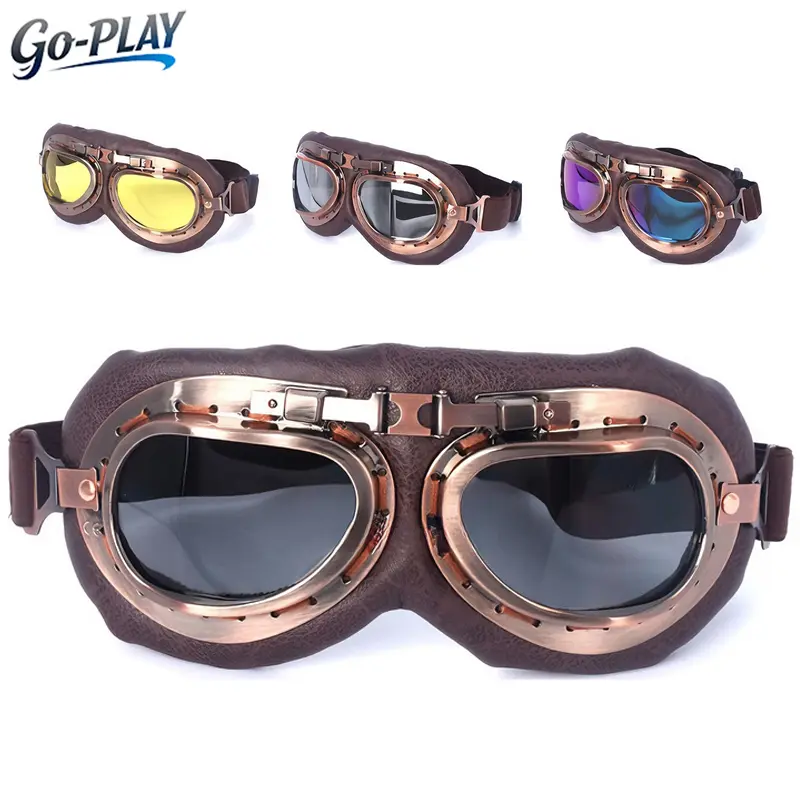 Vintage Aviator Goggles WWII RAF Retro Pilot Style UV400 Protection Steampunk Rave Glasses Motorcycle Cafe Racer Cruiser Off-Road ATV Scooter Dirt Bike Half Open Face Helmet Ski Snowboard Cosplay Festival Burning Man Eyewear (Copper 01, Colorful)