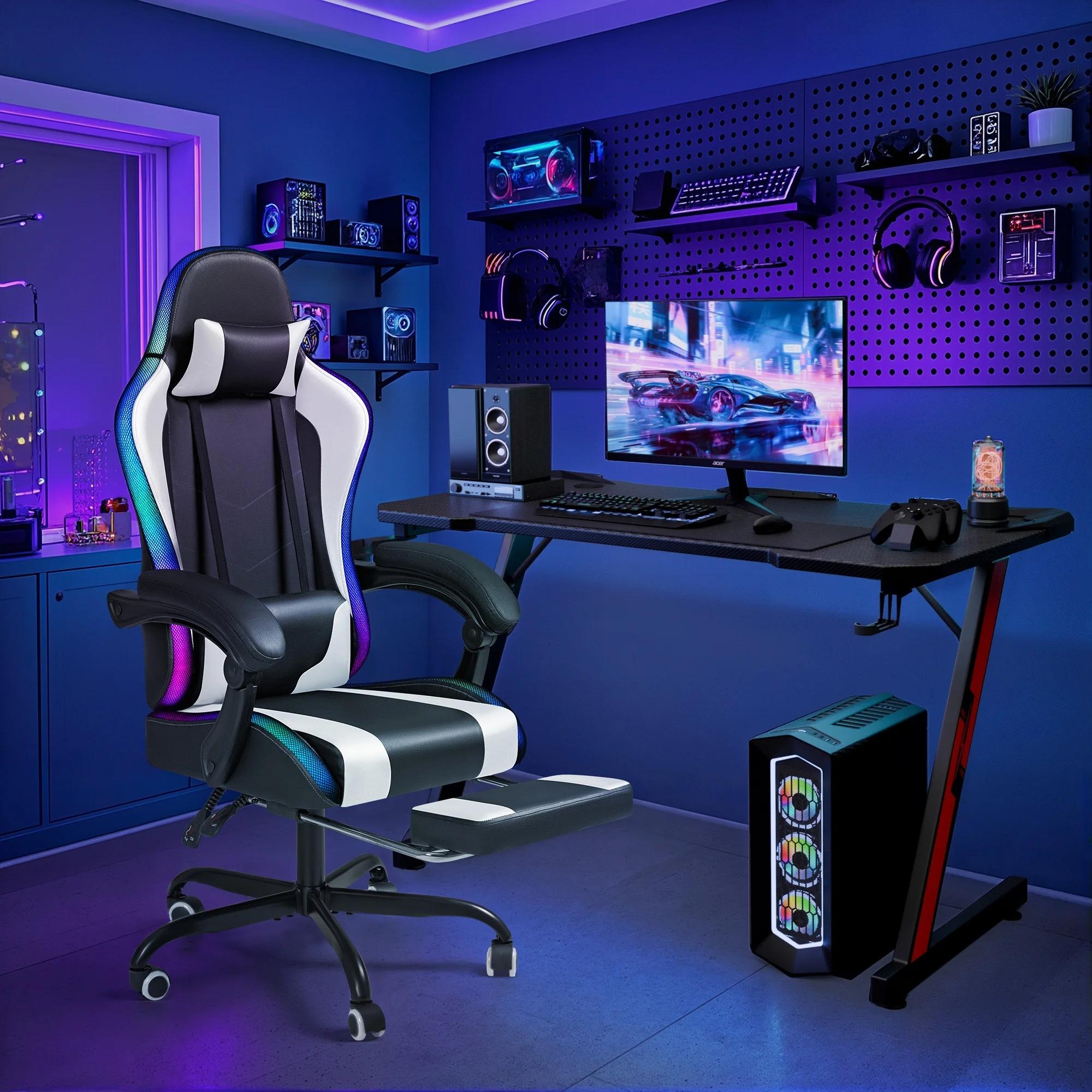 [Completely Upgraded] Homall Gaming Chair with RGB LED Lights&No LED Lights,Ergonomic Design, Footrest & Massage Lumbar Support, Height Adjustable, Seat with 360° Swivel and 135° Recline, High-Density Foam, PU Leather, 300 lbs Weight Capacity