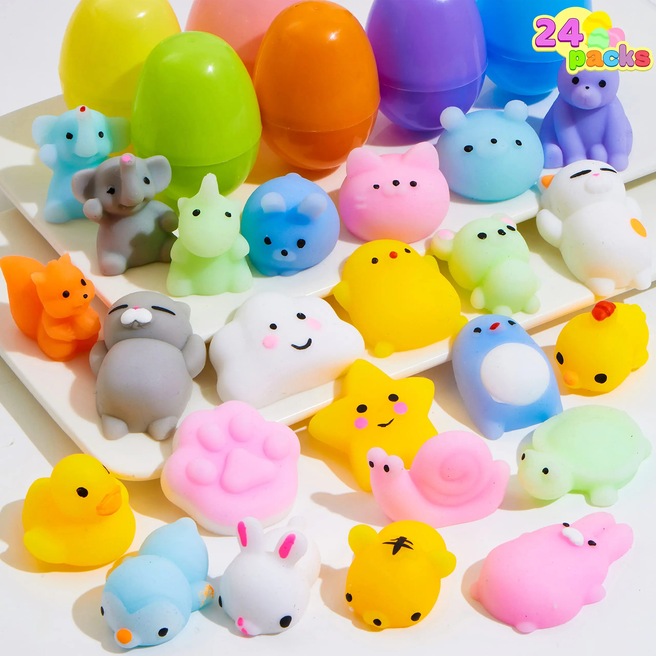 24Pcs Easter Prefilled Eggs with Mochi Squishy Toys, Animal Stress Reliever Squishy Toy for Easter Theme Egg Hunt, Kids Party Favor, Basket Stuffers Filler, Classroom Prize Supplies Kids Outdoor Play
