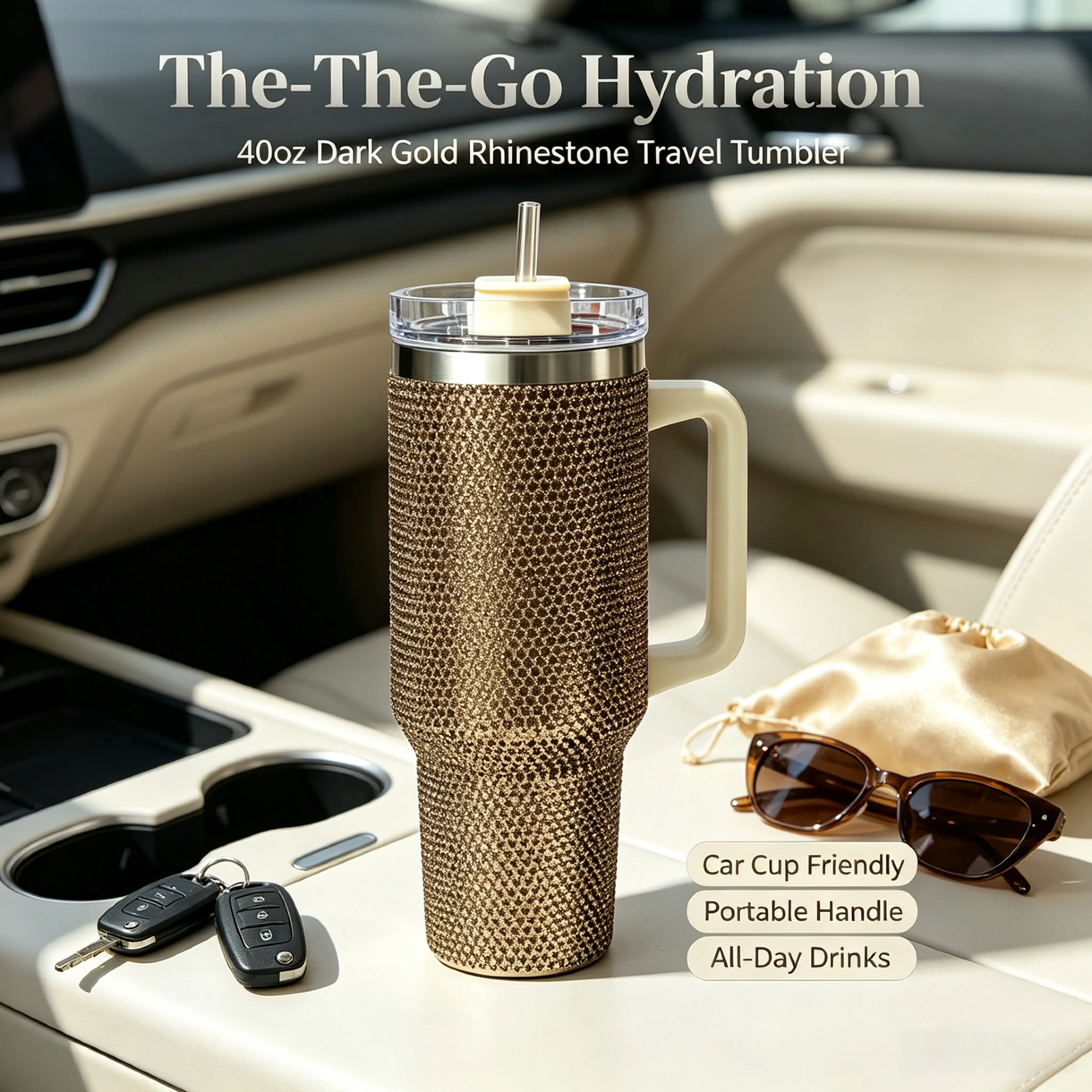 Dark Gold Sparkly Rhinestone Stainless Steel Insulated Tumbler - 40oz 1,000-2,000 ml Large Insulated Water Bottle, Durable Mug with Handle, Straw Lid, Leak Proof, Car Cup Friendly, Portable for All-Day Drinks, Women's Birthday Gift