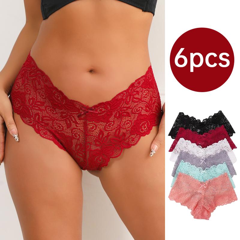 6 Pack Multicolor Women's Lace Floral Patterned Boyshorts, Seamless Low Waist Cut, Breathable Invisible Bikini Style Boyshorts, Fashion Basic Minimalist Elegant Underwear, New Fall Winter Christmas Gift Clothes Womenswear