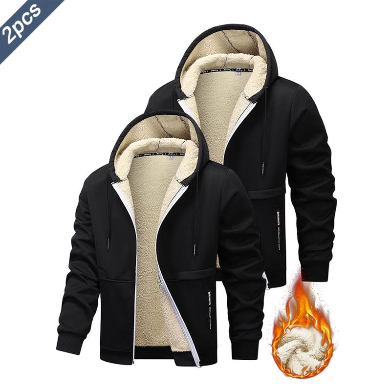2PCS - Autumn And Winter Men's Simple Solid Color Hoodie, Drawstring Hooded Cardigan Coat, Men's Winter Clothing, Autumn And Winter Sports Outdoor Wear