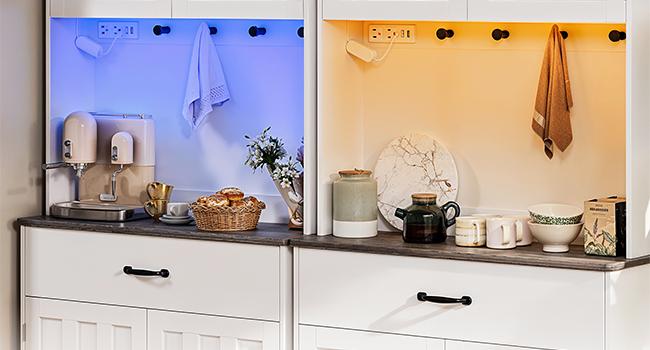 Gizoon 71" H Storage Cabinet with LED Lights, Modern Kitchen Pantry Cabinet with Doors and Drawers, White Hutch with Power Strip and Round Hooks, for Coffee Bar, Dining Room, Tabletop-Retro lead rgb light Controllable LED Tall Fabric Storage Dresser Tower