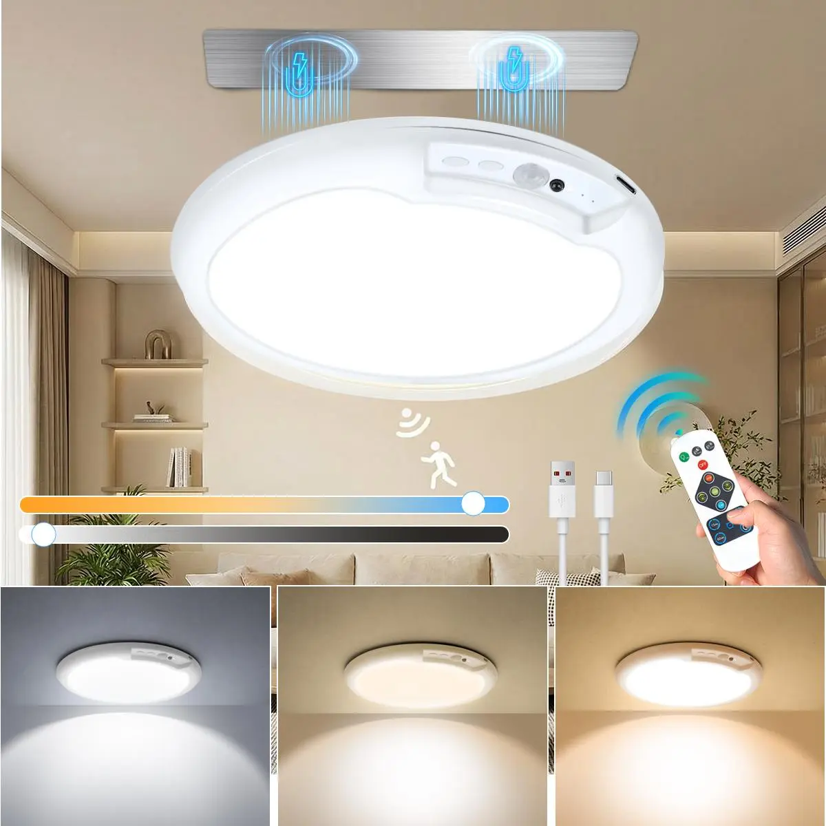 [New deal] - Newly Upgraded Rechargeable Ceiling Light – 8000mAh Battery-Operated Wireless Motion Sensor Ceiling Light with Remote for Closet, Shower, Shed, Hallway, Porch, Stairs (6500-4500-3000k Three Color Temperatures)