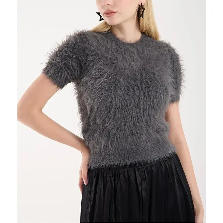 Women Soft Fuzzy Sweater Short Sleeve Furry Cropped Sweater Soft Shaggy Knit Pullover Jumper