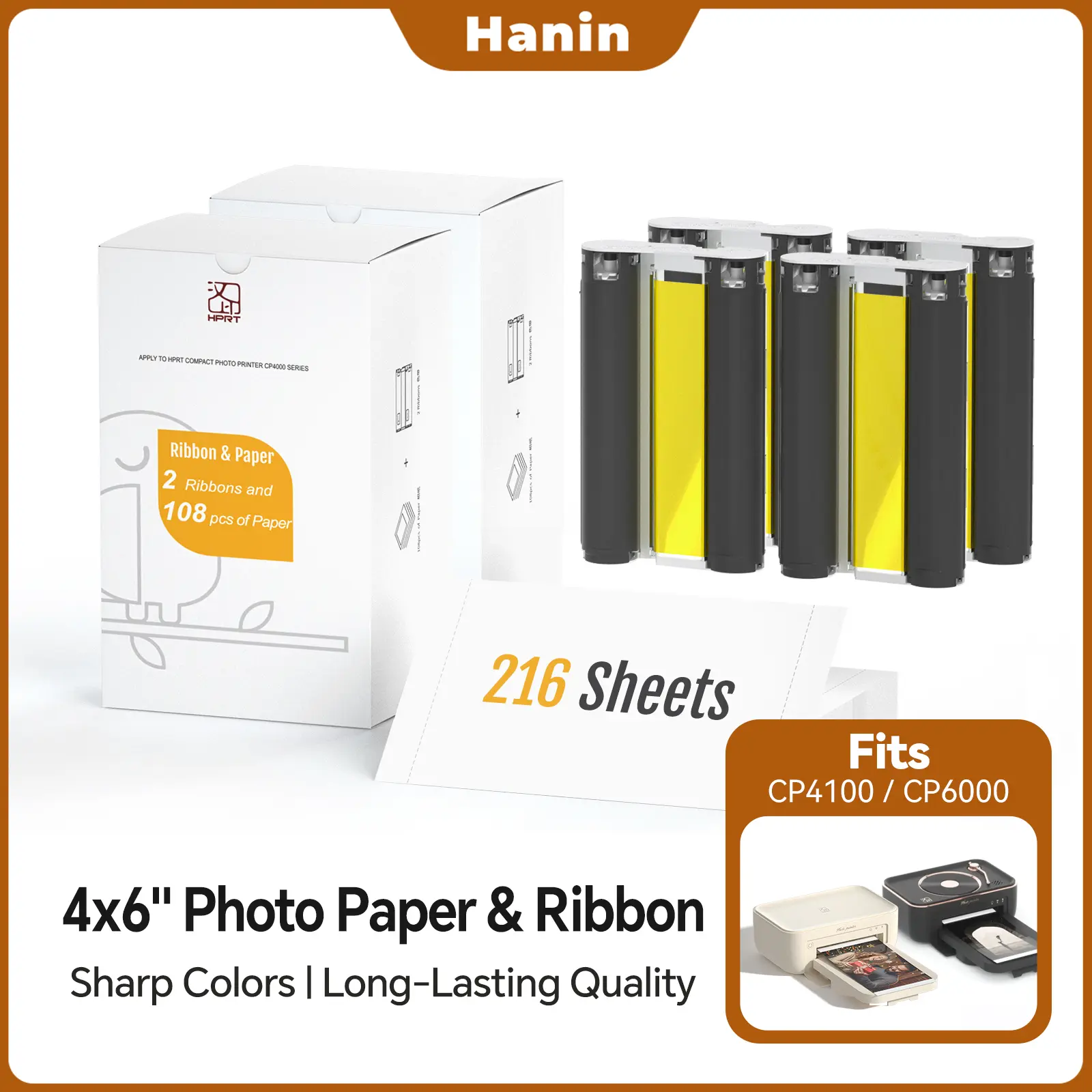 HPRT Hanin 4X6" inches Thermal Sublimation Photo Paper & Ribbons Refill Kit for CP4100/CP6000 - 216 Sheets, 4 Cartridges, 300 dpi, 256 Vibrant Colors, Durable, Waterproof, Anti-Oxidation, Protective Film, High Print Quality (Computers & Office Equipment)