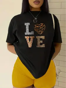 Women's Casual Love & Leopard Heart Print T-Shirt - Short Sleeve Round Neck Blouse Top, Medium-Stretch Opaque Fabric Suitable for Spring/Summer, Machine Washable Casual Attire & Layering Piece