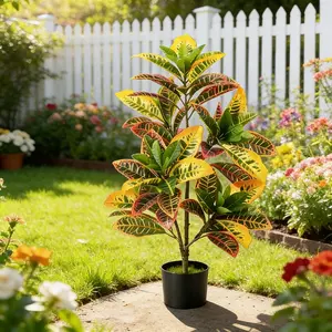 3ft Artificial Croton Tree Potted UV Resistant Faux Topiary Plant with Variegated Leaves for Low Maintenance Indoor Outdoor Decor Home Office Living Room Patio
