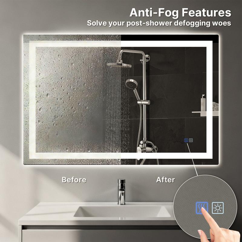 HYPERLITE Dimmable Brightness Bathroom Mirror Lights, 36*28 inches Anti-Fog Function Vanity Mirror Memory Setting LED Wall Mirror , Shatter-Proof Tempered Glass, Modern Illuminated Mirror for Bathroom Dressing Area Jumpstart newyear48*32 60*36 32*24 36*24