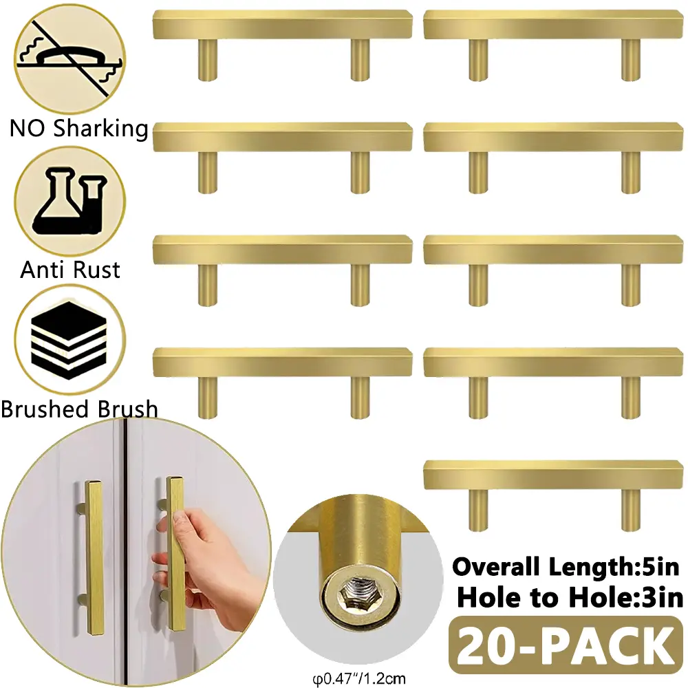 20pack Value Brushed Gold Stainless Steel Square T-Bar Handles with Screws, 5 in Furniture Hardware for Kitchen Cabinets & Drawers