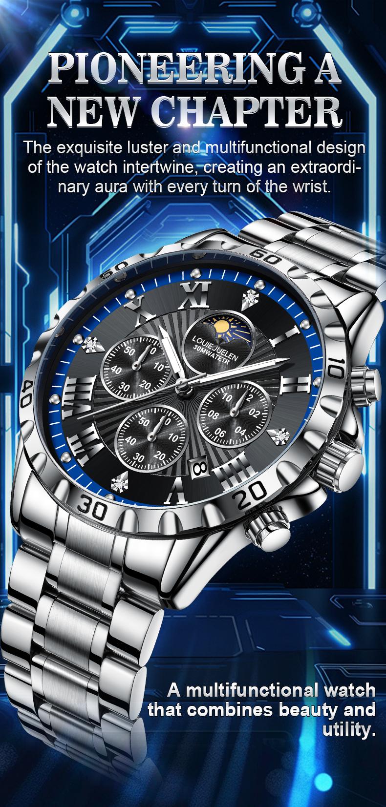 Men's Swiss Elegance Watch,LOUIEJUELEN Commander Series Men's Luxury Swiss Multi-Function Business Watch - Sapphire Crystal, Stainless Steel Bracelet, 42mm Dial, Waterproof, Shockproof, Luminous Display, Ideal for Business & Social Occasions