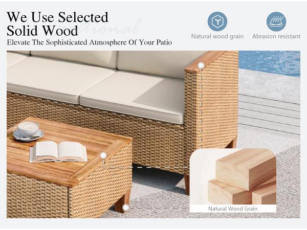 【1 or 2 Packages Shipping】Phivilla Home Outdoor Patio Rattan Furniture Set with Acacia Wood Coffee Table, Thick Cushions – 3/7-Piece Sofa Set for Balcony, Porch & Patio, SpringGlowUp