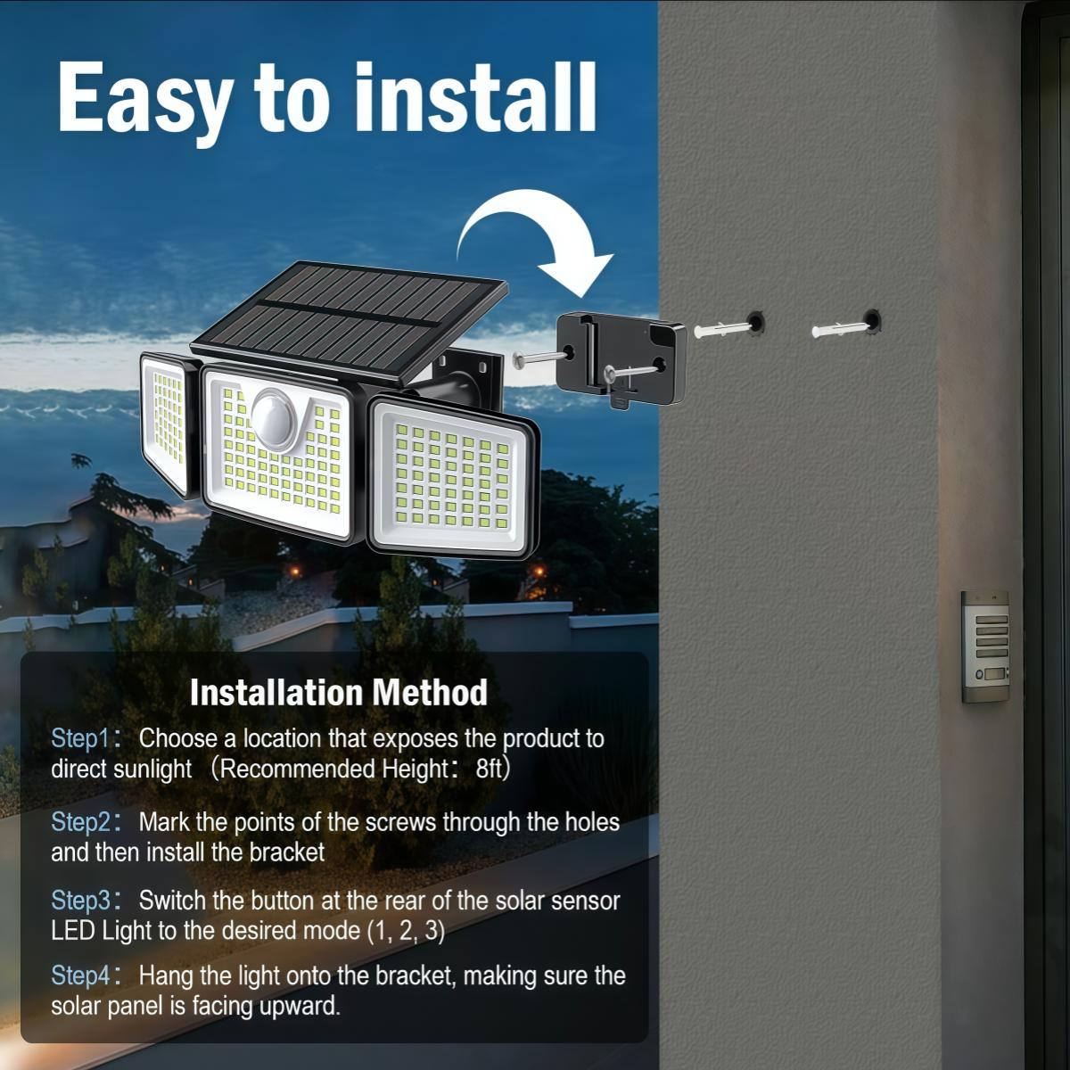 2 Packs LED Motion Sensor Solar Lights Outdoor IP65 Waterproof 3-Head Security Lights 2500-Lumen Floodlights Spotlights 270° Wide-Angle Lighting for Patios Garages and Gardens