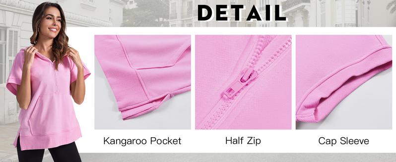 FISOEW Womens Oversized Half Zip Hoodies Short Sleeve Casual Sweatshirts Pullover Tops with Pockets Leggings Loose Aesthetic parke mockneck sweatshirt comfort sweatshirts denim tear hoodie FallFreshness #Springtok #TikTokShopJumpstartSale