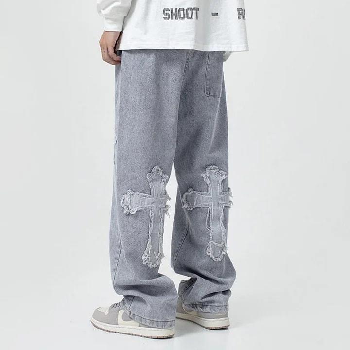 Sopula Studio Men's Streetwear Denim Cross Embroidery Jeans Ripped Straight Leg Blue Skateboard trousers SpringStatements