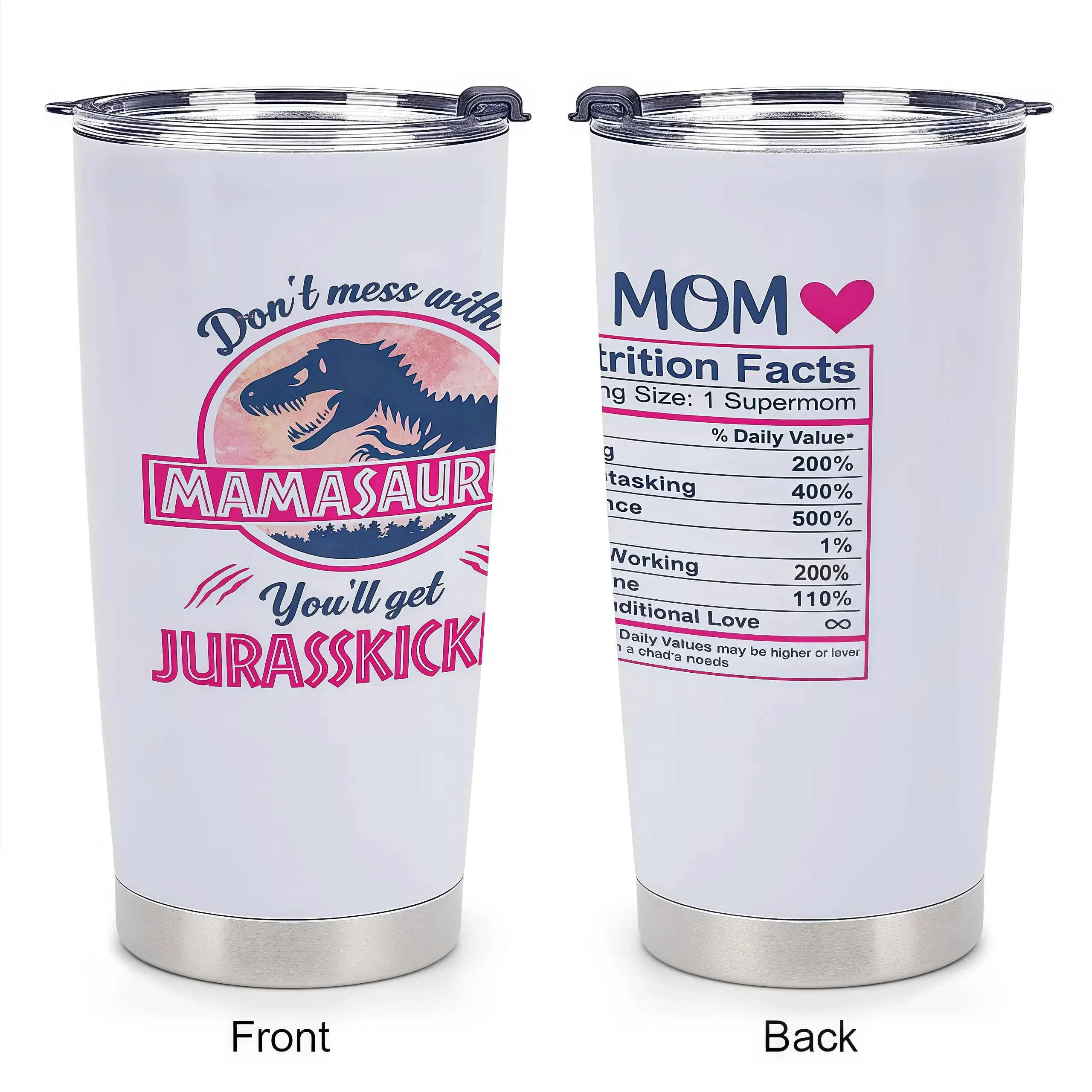 20oz Insulated Stainless Steel Mamasaurus Tumbler - Leak-Proof Lid Flask, Animal-Themed Watercolour Polka Dot Patchwork, Slim Base Funny Mom Drinkware, Mother's Day Gift