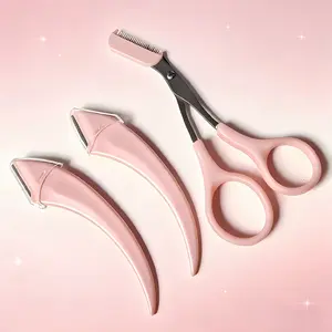 Kit at Home, Bathroom Grooming Essential, 2 Pink Curved Razors + Scissors, Imported Stainless Steel Blades, Great for Shaving & Trimming, Makeup Artist Recommended, Perfect Shape, Clean Brows gel laminating Cosmetic Eyelash Extension Kit