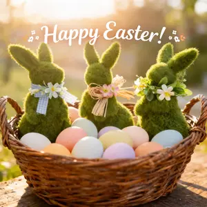 3PCS Easter Moss Bunny Decor Flocked Grass Rabbit Figurines for Spring Table Basket Garden Easter Decorations with Floral Accents