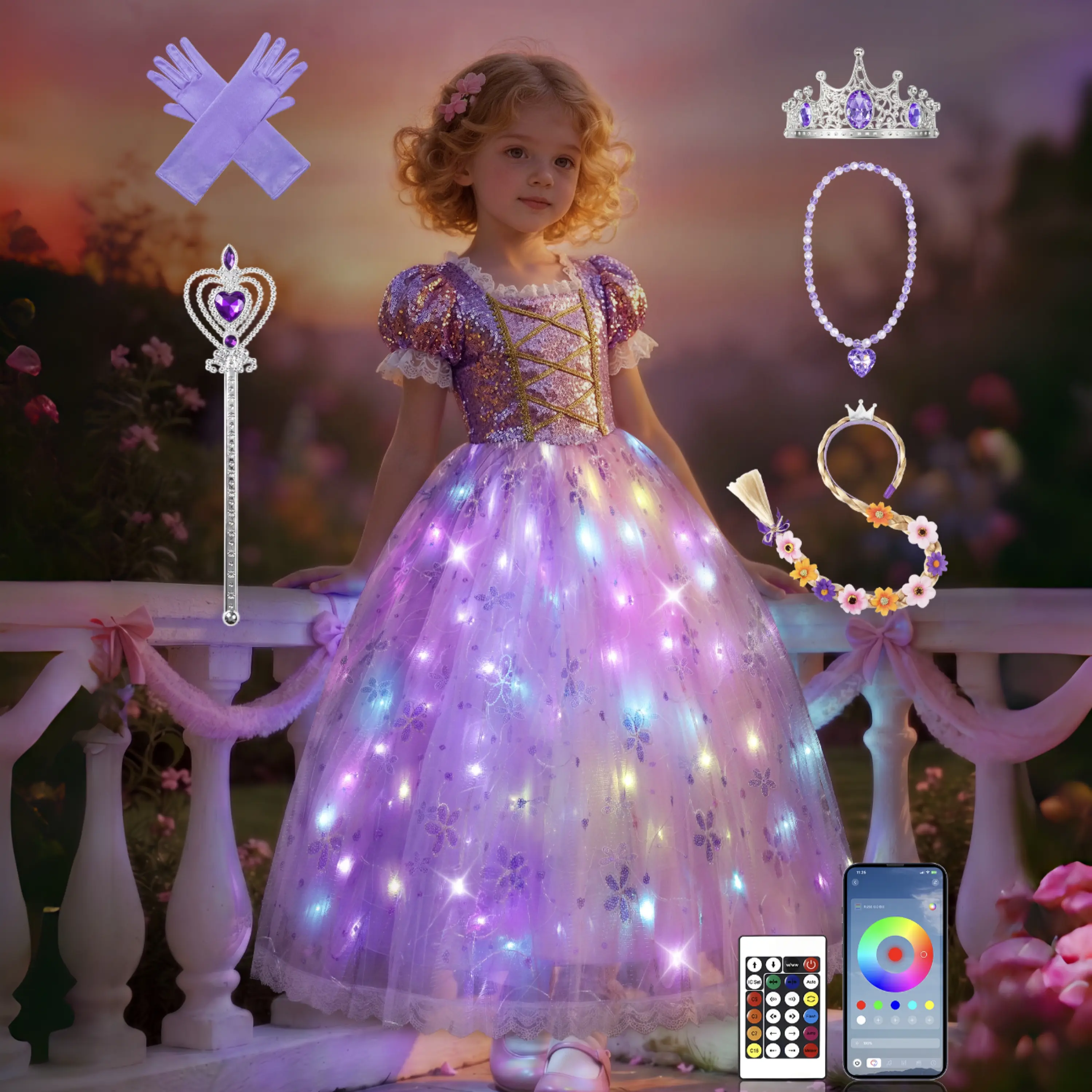 UPORPOR Girls' LED Light-Up Princess Dress - Cotton Poly Cartoon Char. Costume, All Seasons, 3-9 Ages, 100+ Light Modes, Music Sync, Dress-Up Accessories Included, Halloween Christmas Gift, Led Lights, Long Skirt