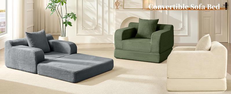Corduroy Futon Sofa Bed Couch, Single Comfy Boneless Chaise Lounge with Backrest, Armrests and Pillow, Small Sofa Couch for Living Room Bedroom, 40" W