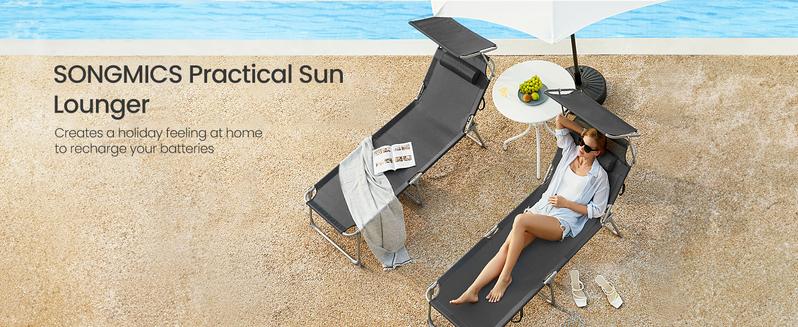 SONGMICS Sun Lounger, Patio Chaise Lounge Chair, Folding, with Canopy, 76 x 20.9 x 11.4 Inches, Holds 330 lb, Headrest, Adjustable Backrest