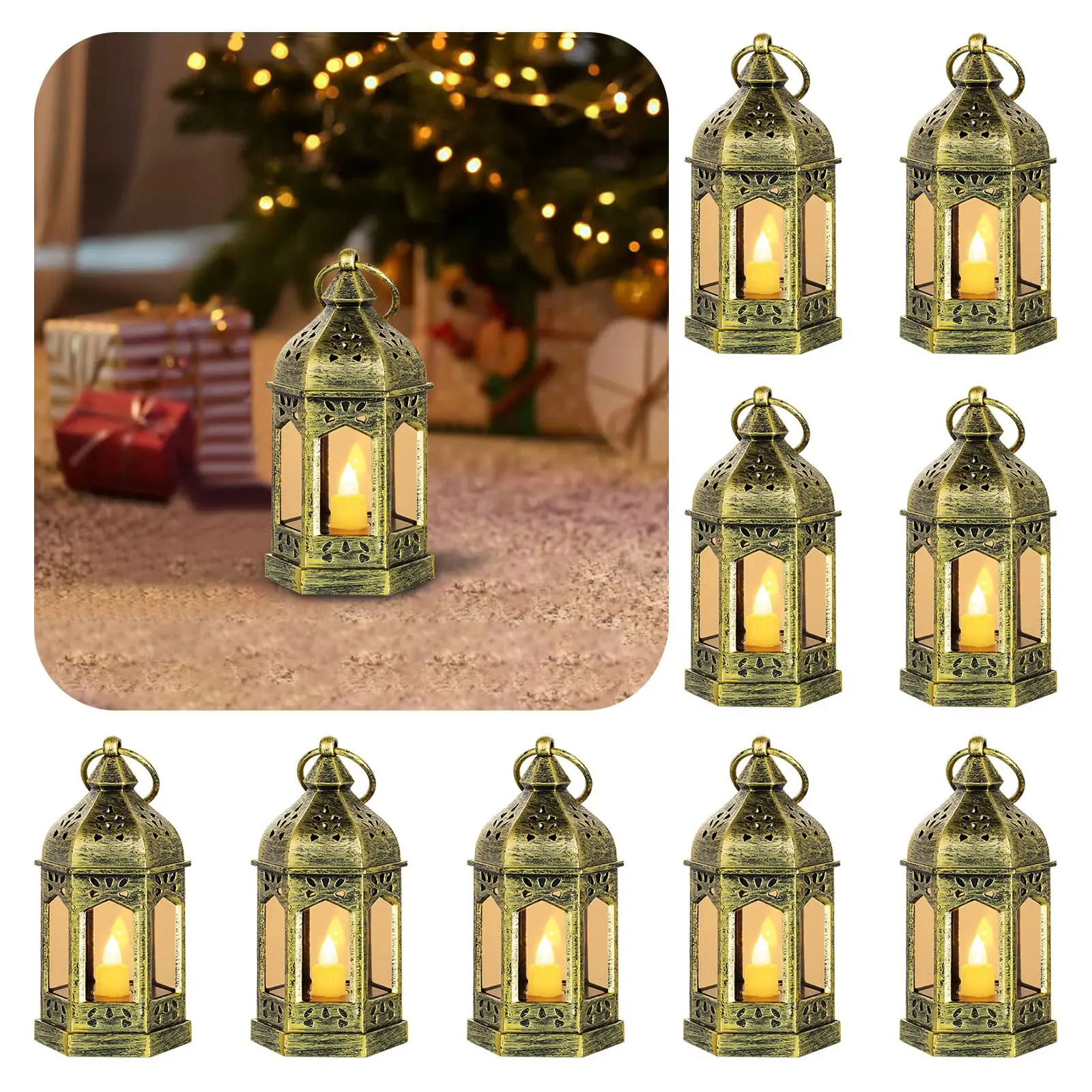 Set of 10 Mini Decorative Candle Lantern - Indoor Portable Bulk Lantern Centerpieces with Flickering LED Candle for Wedding Halloween Christmas, Flameless Candle, Hanging Vintage Decor, Batteries Included, Outdoor decoration, Mother's Day Gift