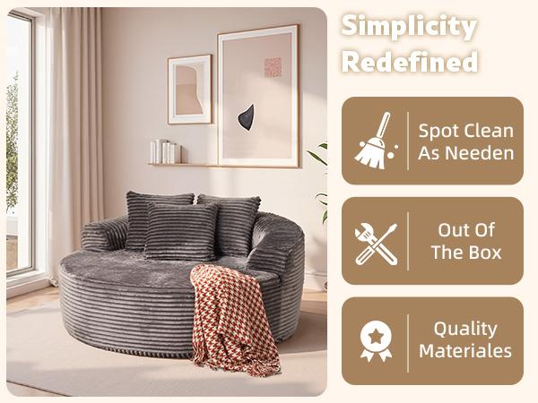 HOOOWOOO 59"W Oversized Round Sofa Bed - Modern & Boneless O-Shape Chaise Lounge, Lazy Bean Bag Chair, Deep Seat Couch with 3 Pillows, Plush Corduroy Fabric Chaise Lounge, No Assembly Required
