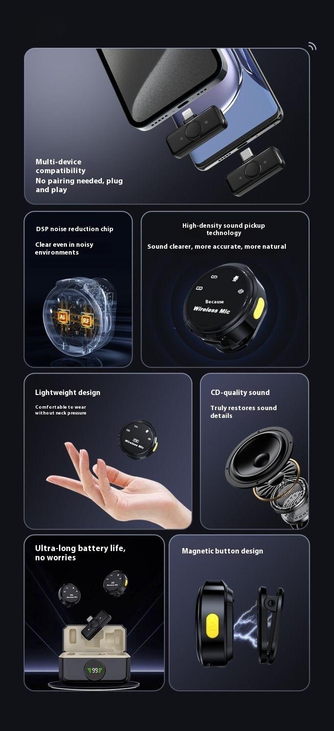 Wireless Lavalier Microphone for iPhone iPad AndroidWith Charging Case Audio Smartphone AudioSmartphone Portable Noise Cancellation Clip LapelReceiver Equipment Device Recording Usb Wearablewireless microphone streaming equipment。Black Friday
