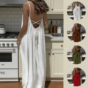 Women's Solid Color Cami Lounge Dress,Elegant Sleeveless Long Dress for Summer, Ladies Sleepwear for Indoor Wear