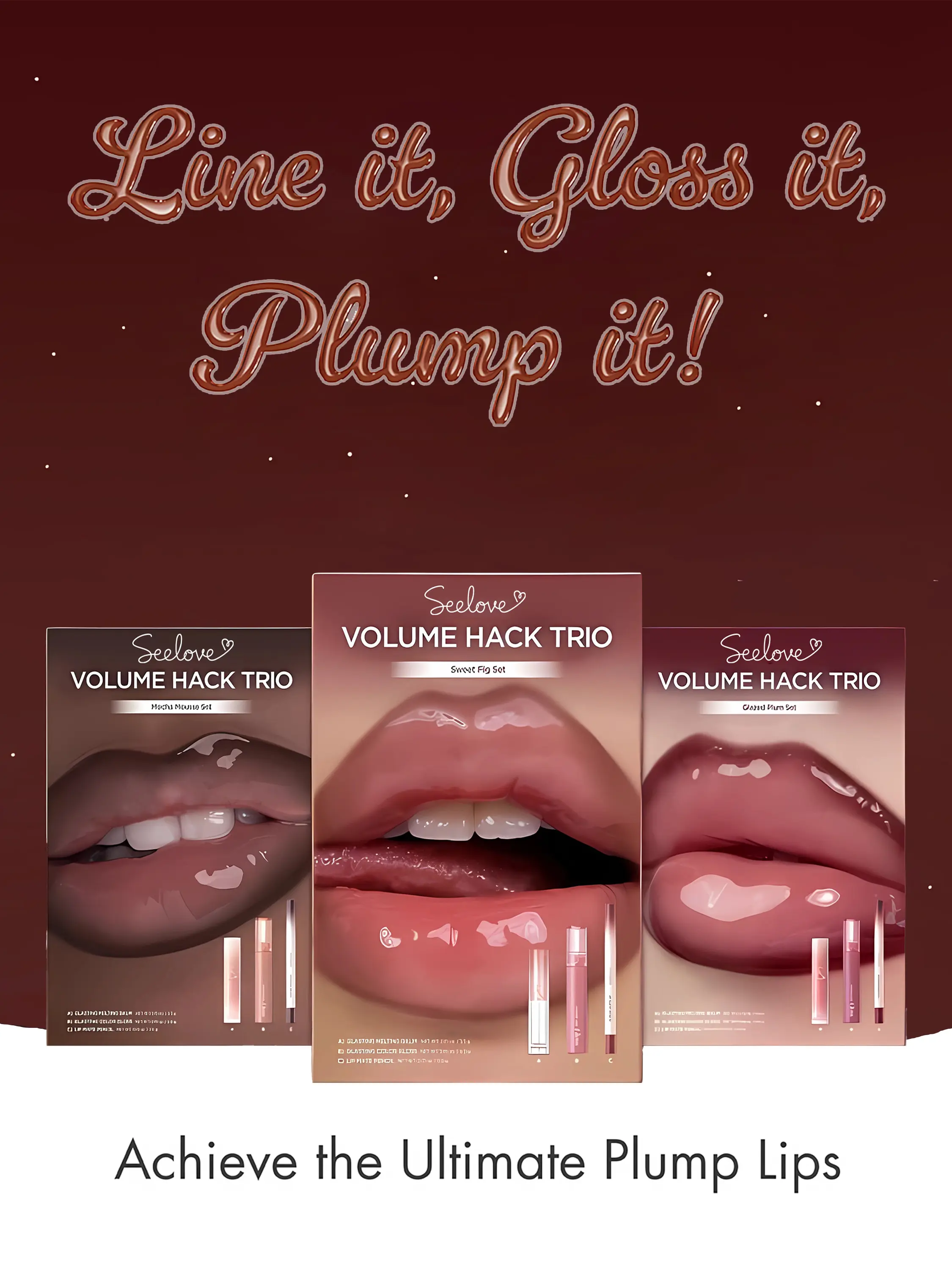 Seelove Volume Hack Trio 3-in-1 3D Plumping Lip Kit | High-Shine Glass Lip Combo with Liner, Melting Balm & Gloss | 8 Botanical Oils Non-Sticky Formula for All Skin Tones