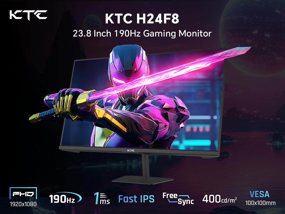 KTC 24" FHD 1080P Native 180Hz Gaming Monitor, HDR 400 Fast IPS Screen, 190Hz Overclocked Refresh, 1000:1 Contrast 1920*1080P PC Monitor, 133% sRGB, Adaptive-Sync, 1ms, HDMI *2&DP*1, Tilt Adjustable, Eye Care, H24F8