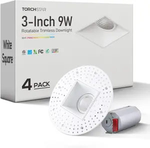 TORCHSTAR 5CCT Trimless 3 Inch 9W Square Gimbal LED Recessed Light, Ceiling Canless Dimmable LED Downlight, 2700K-5000K Selectable, White (4 Pack)