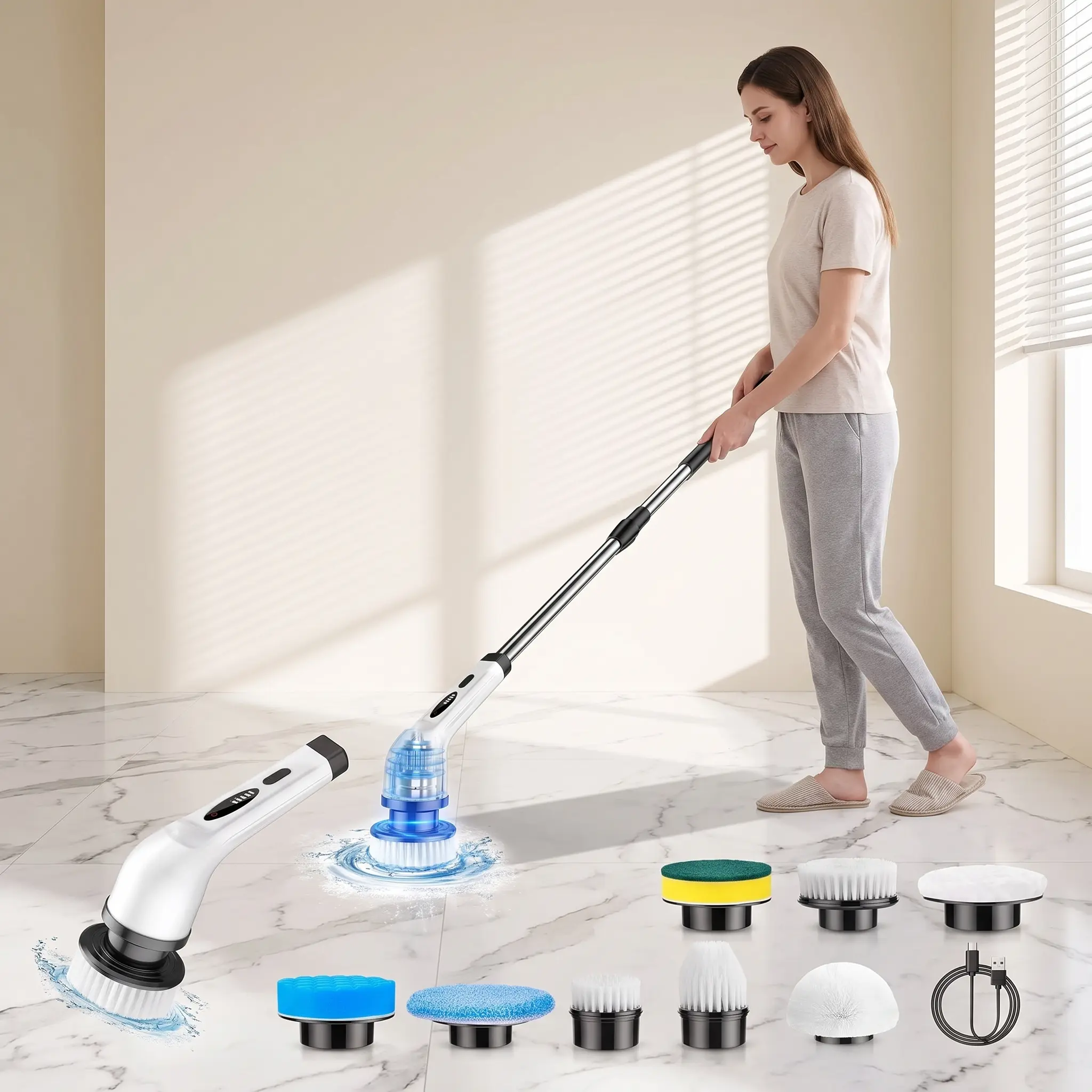 Electric Spin Scrubber, Bathroom Cleaning Brush with Telescopic Handle, Cordless Shower Scrubber, Dual-Speed, 8 Replaceable Brush Heads, USB Rechargeable