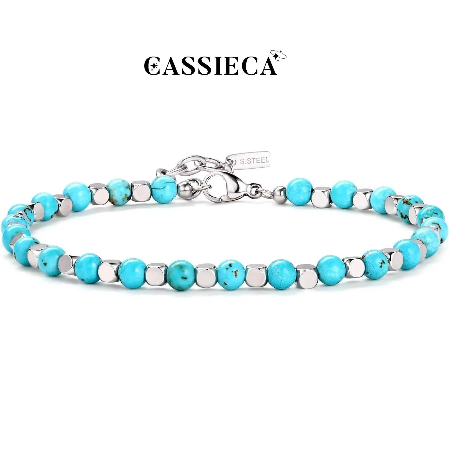 CASSIECA 4MM Beaded Bracelets for Men Women Stainless Steel Beads Bracelet Tiger's Eye Bracelet Handmade Bead Turquoise Bracelet Natural Stone Beaded Bracelets Accessories Gifts for Women Girlfriend SummerVibes