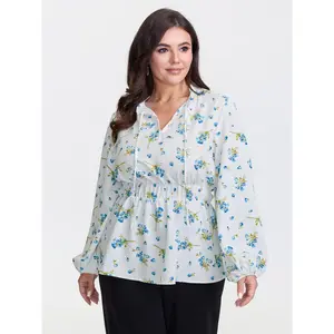 【Summer Turn-Up】【Neck-Lengthening】BlOOMCHIC Plus Size Floral Print Waist Defining Neck Tie Blouse [M-6X] 2026 Summer Pick for Mother's Day Fit Shirts Swimweek