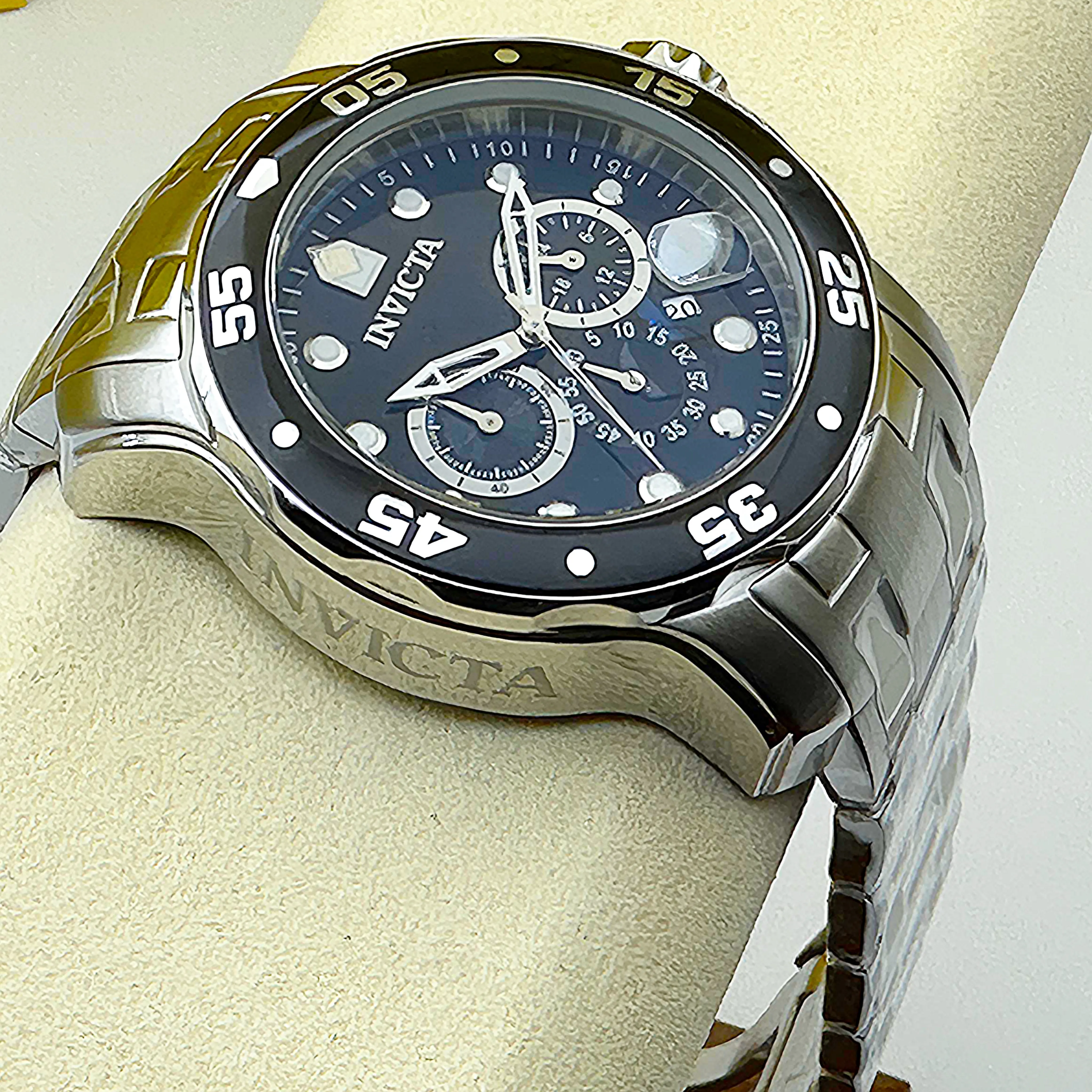 Invicta Men's Pro Diver Scuba Chronograph Wristwatch, 48mm Black Dial, Silver Stainless Steel Bracelet, Men's Fashion Accessory Dress Watch, Men's Accessories