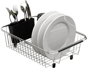 Adjustable Over Sink Dish Rack SUS304 Stainless Steel Drying Rack On Counter or in Sink Rustproof Non-Slip Extendable Bars Space Saving Functional Design