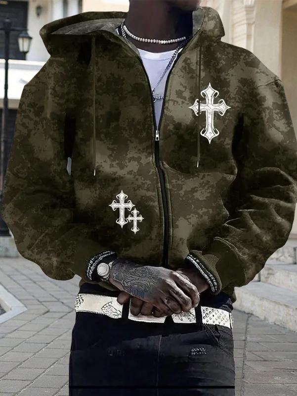 Spring and Autumn New Men's Jacket Cross Printed Pattern Zip Pocket Regular Large Size Travel Holiday Outdoor Camping Men's Top Clothes