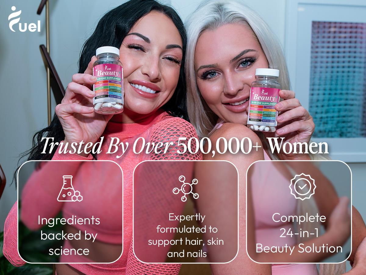 Fuel Beauty 24-IN-1 Complete ALL-IN-ONE Hair Growth, Skin & Nails 60 Capsules with 30,000 MCG DHT Blocking Saw Palmetto Formula & 24 Powerful Ingredients for Radiant Skin & Healthy Hair Pro Collagen Hydrating Colagen Optimum Fitness Dietary Healthcare