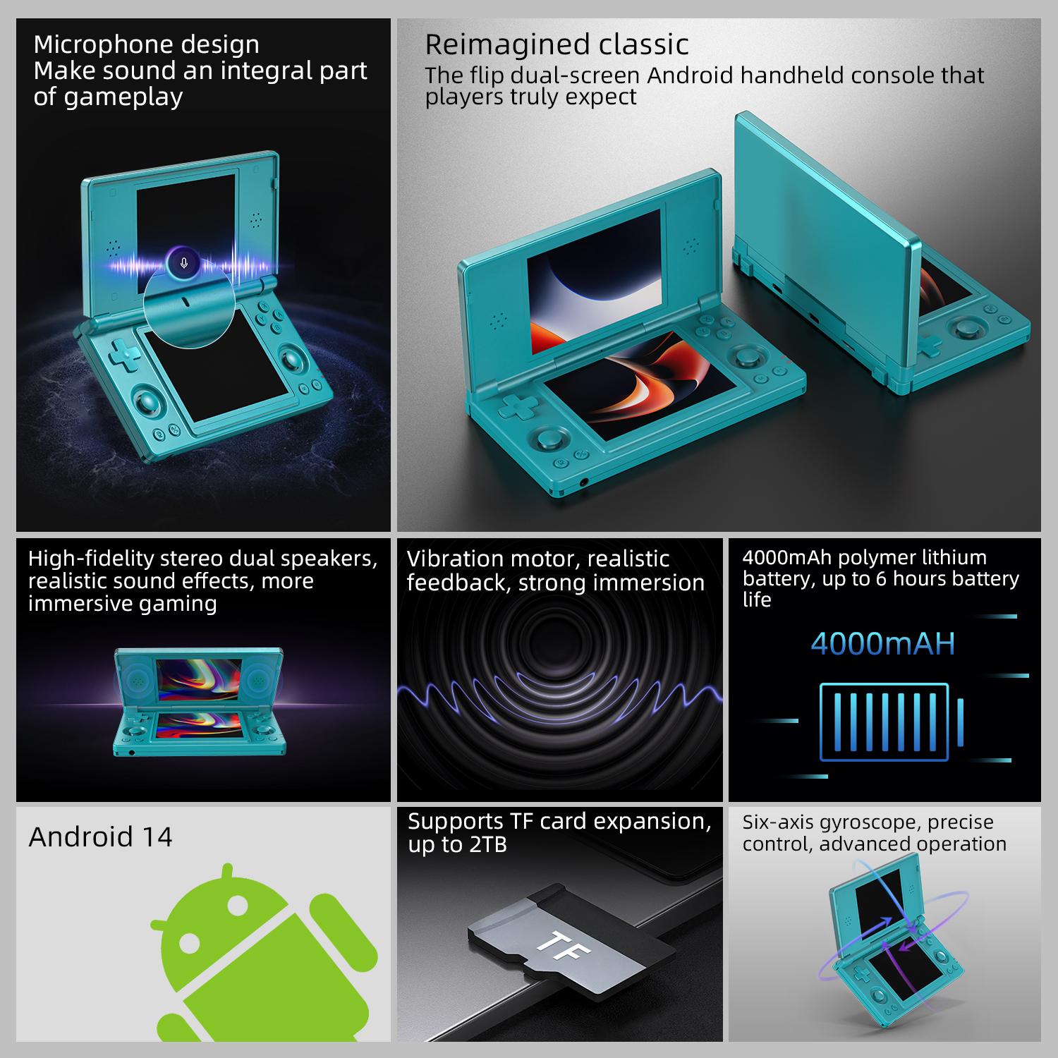 ANBERNIC RG DS Handheld Game Consoles RGDS Retro Gaming Console Dual-screen Video Game Console 3+32GB Android 14 Portable Pocket Arcade No Card 4000mAh Battery WiFi Bluetooth HD Output Turquoise Blue