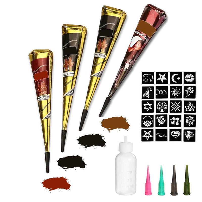 Temporary Tattoos Kit, 4Pcs Semi Permanent Tattoo Paste Cones, India Body DIY Art Painting for Women Men Teens,Summer Trend Freehand Plaste with 3 Colors,20Pcs Adhesive Stencil,1Pc Bottle,4Pcs Nozzles