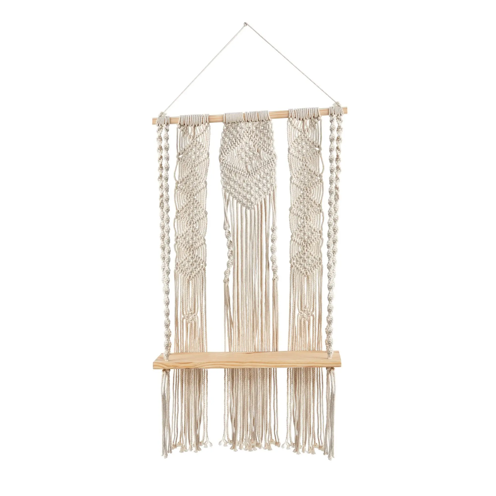 Handmade by Artisans Rustic Woven Layered Macrame Wall Hanging with Hangable Wooden Floating Shelf - 2.5'x1.5' Wall Tapestry, Boho Room Accent, Above-Bed Decor, Extra Storage for Small Items, Home Supplies (Includes Hooks)