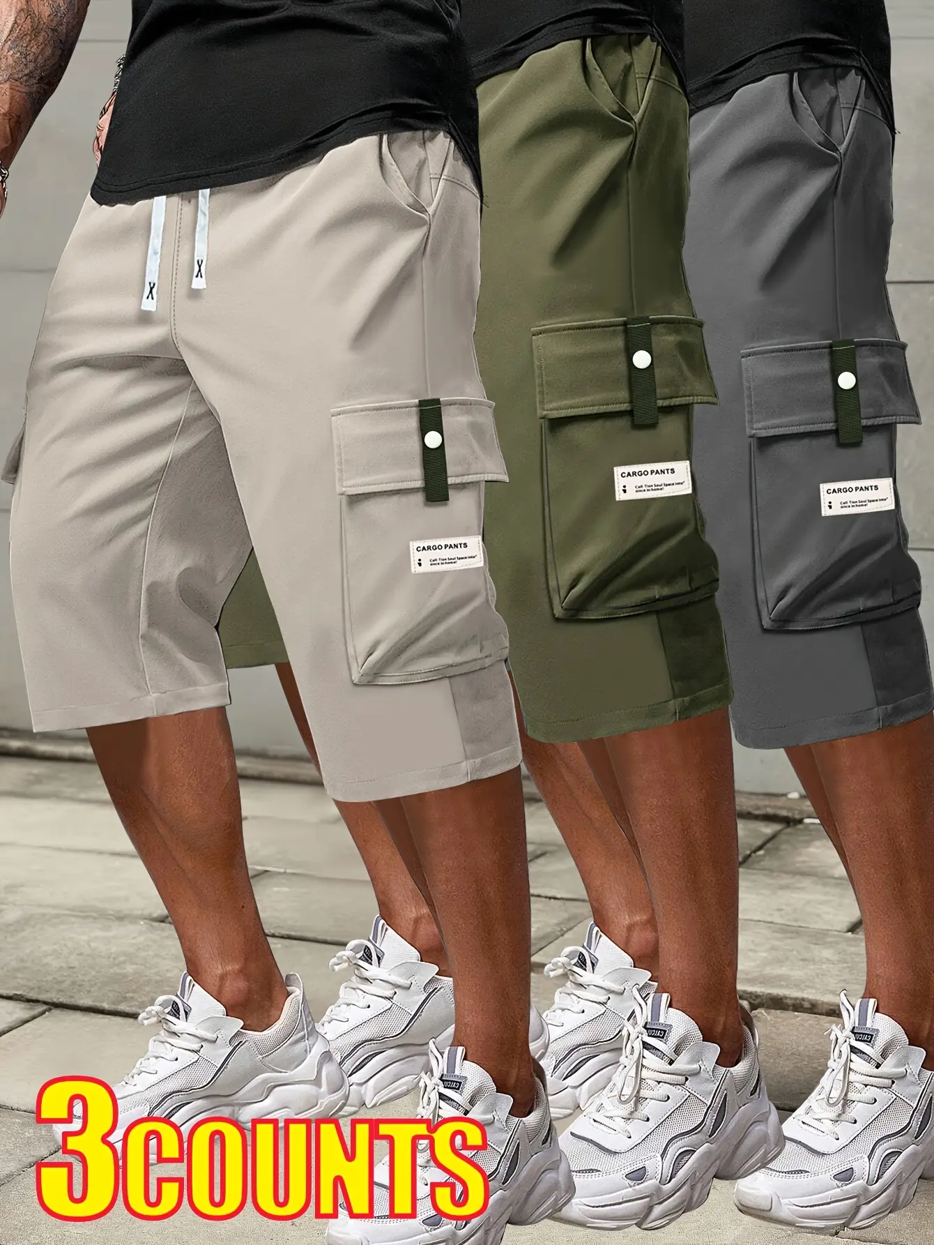 Men’s solid color 3 piece cargo shorts set featuring durable, loose fit shorts with a drawstring waist and flap pockets. A multifunctional non stretch fabric outfit suitable for work and everyday casual wear.