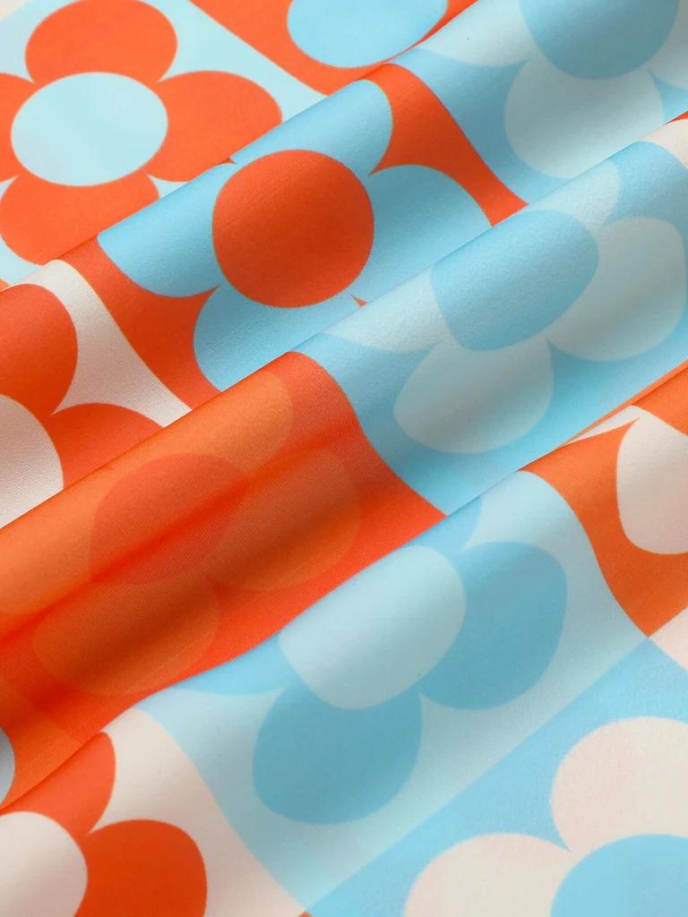 ORANGE & BLUE 1960S FLORAL STAND COLLAR DRESS Bohemian Summer Outfit Casual Everyday Wear